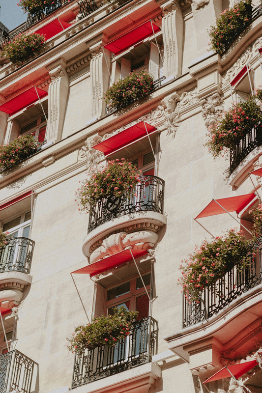 Façade parisienne avec balcon fleuri et volets